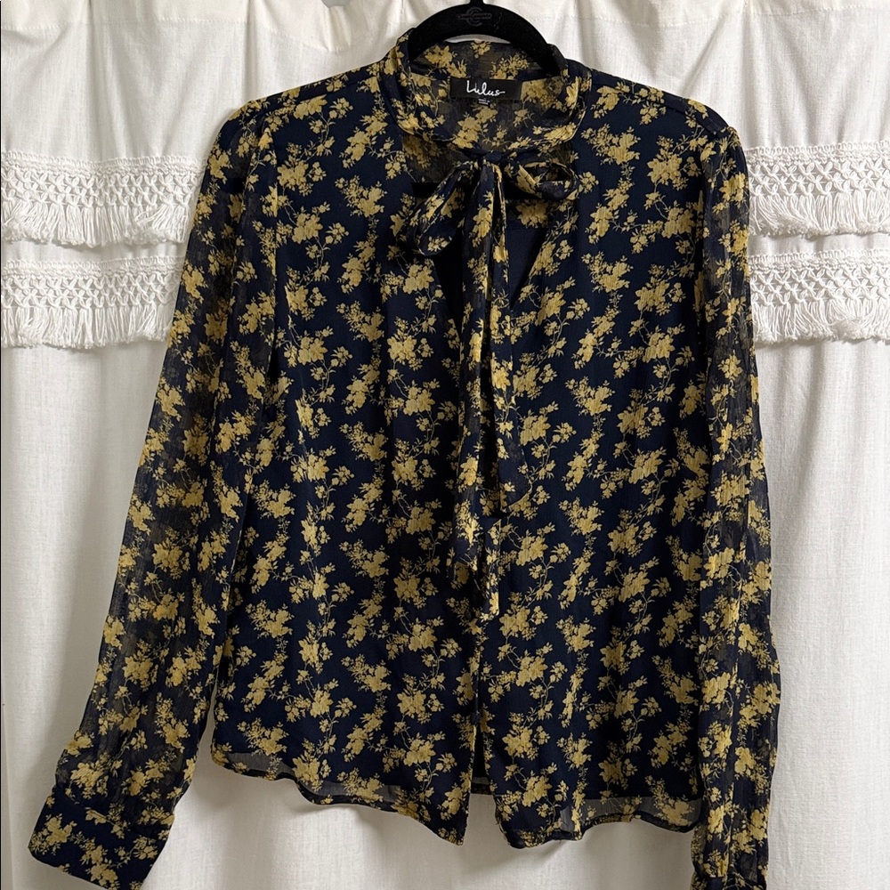 Lulu's Dark Blue and Yellow Floral Blouse